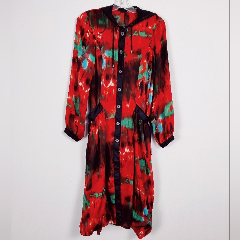 SETRMS Vibrant Red and Green Tie-Dye Long Sleeve Button-Down Hooded Dress Y2K